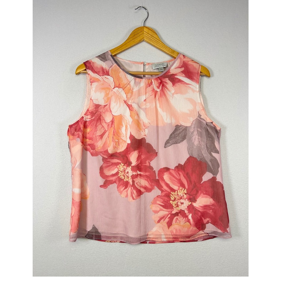 Floral Romantic Tahari Womens Large Pink Sleeveless Pleated Chiffon Blouse Top